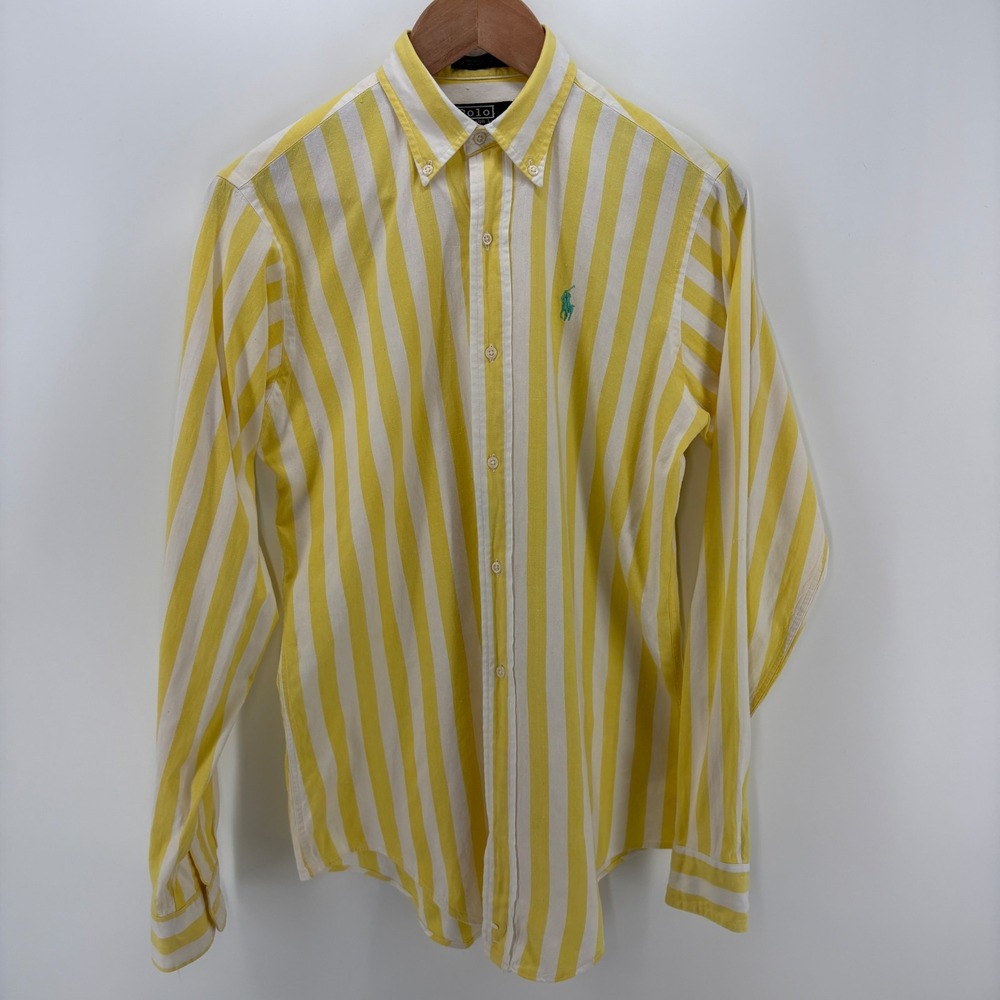 Vintage Polo Ralph Lauren Shirt Yellow White Stripe Button Down Made USA